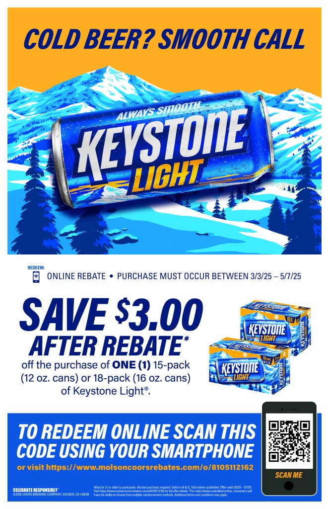 Keystone Light 15 18pk $3 Online MIR DCC 11×17
