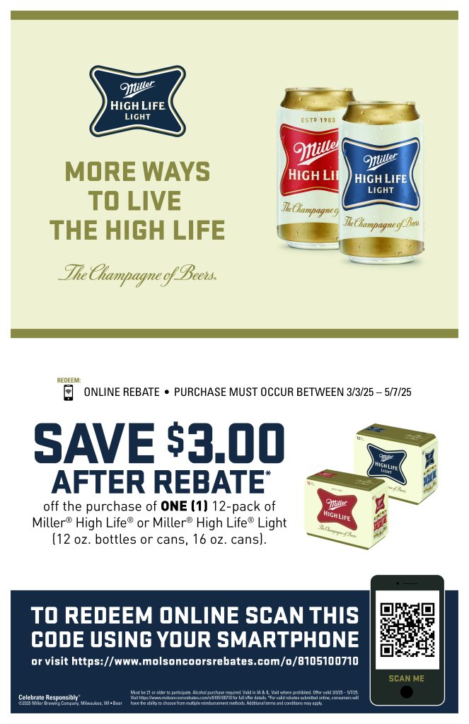 Miller High Life 12pk $3 Online MIR DCC 11×17