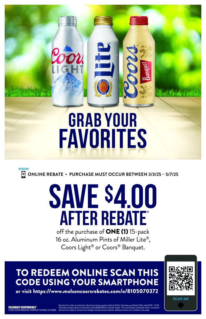 Miller Lite_Coors Light_Coors Banquet 15pk Pints $4 Online MIR QR DCC 11×17