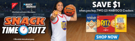 Grab your game day greats for the ultimate game night with NABISCO crackers. Make delicious recipes like RITZ Parmesan Sweet Potato Crisps and WHEAT THINS Creamy Fiesta Taco Dip for the whole crew to enjoy! Scan any cracker pack to enter for a chance to win* a Final Four® Experience, plus bucket loads more prizes. Shop Now!